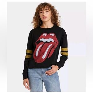 The Rolling Stones Black Graphic Print Varsity Long Sleeve Cropped T-Shirt XXL